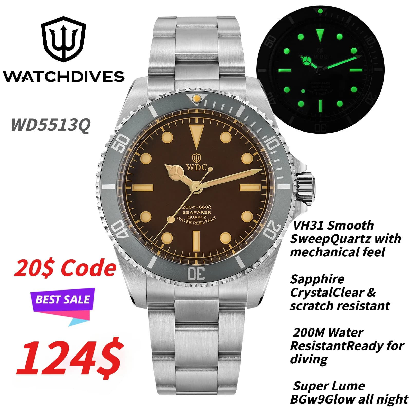 Watchdives WD5513Q 40mm Quartz Diver Watch VH31 Sweep Second Sapphire 200m Waterproof Steel Bracelet BGW9 Lume Mens Watch - image 1