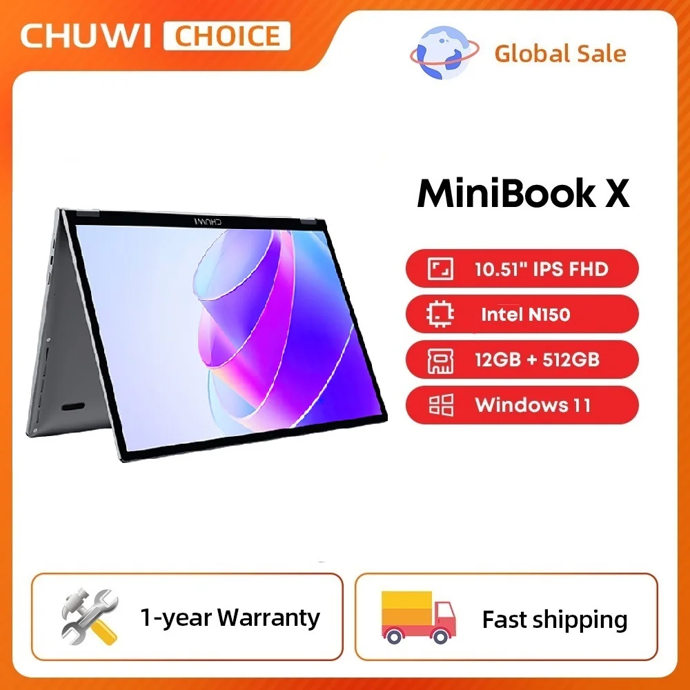 CHUWI MiniBook X N150 Laptop 10.51 Inch 16GB/12GB RAM 512GB SSD 2-in-1 Yoga Mode Intel Windows 11 Notebook 360° Flippable WiFi 6 - image 1