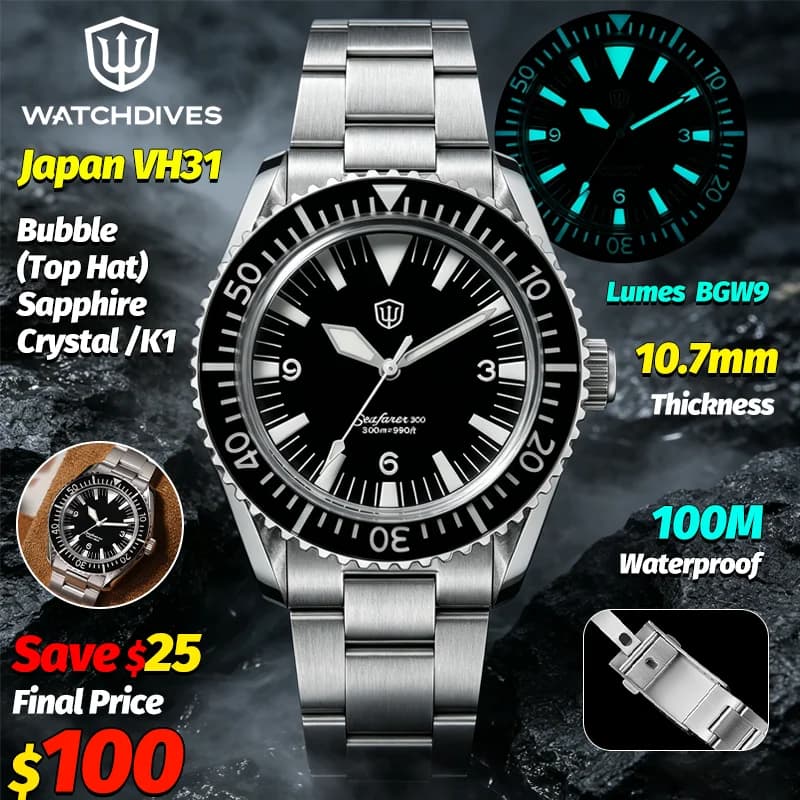 Watchdives WD1967Q Quartz Watch Vh31 Sweep Second Bubble Sapphire Luminous 10Bar Waterproof 316L Stainless Steel Men Wristwatch - image 1