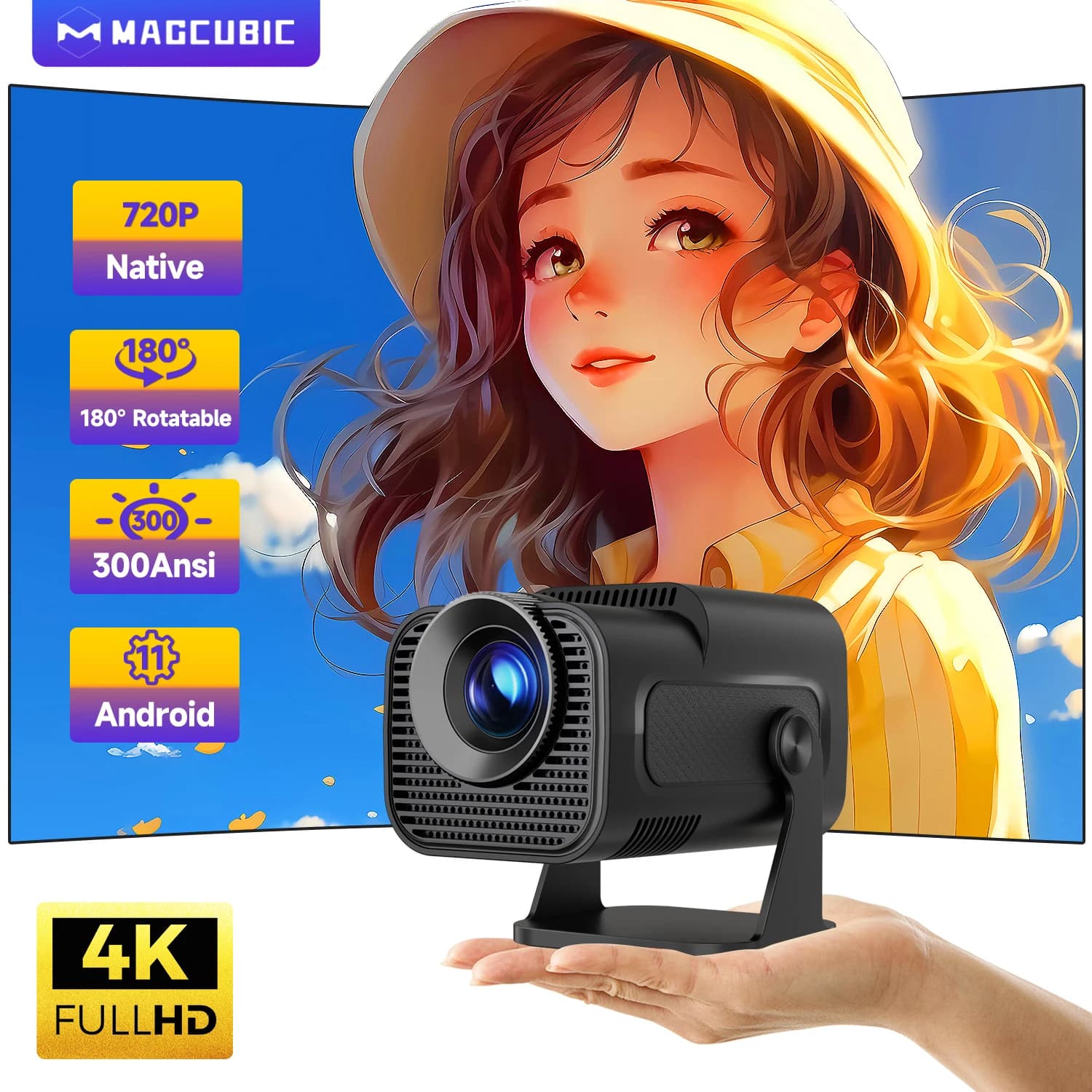 Magcubic HY320 Mini Newly Native 720P Android 11 4K Projector 300ANSI Wifi6 BT5.0 Cinema Outdoor Portable 180° Rotatable Projector - image 1