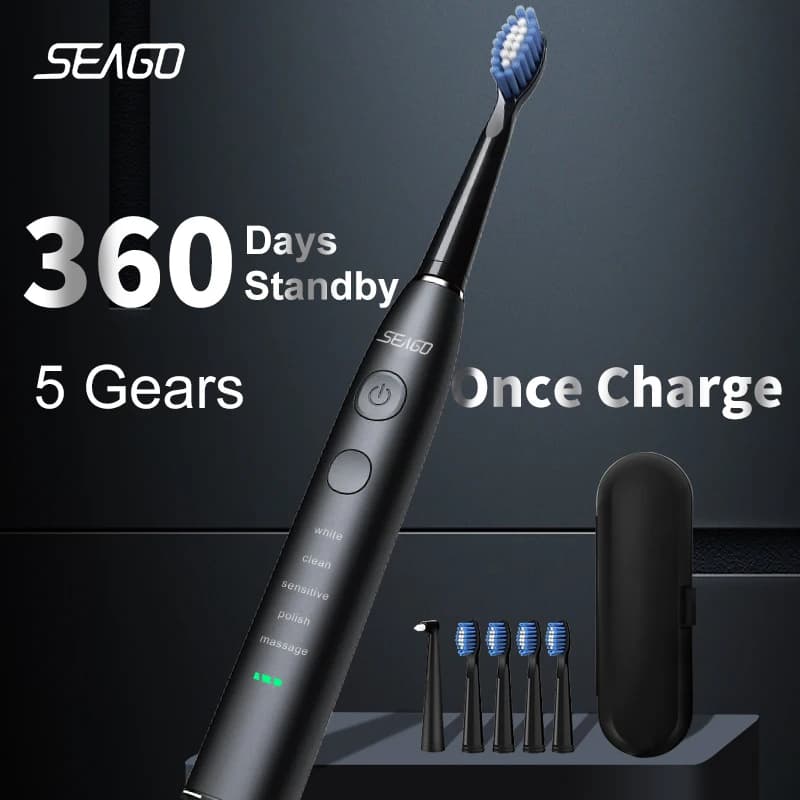 Seago SG-575 Electric Toothbrush USB Rechargeable with 360 Days Battery Life, IPX7 Waterproof, 4 Replacement Heads, Travel Box - image 1