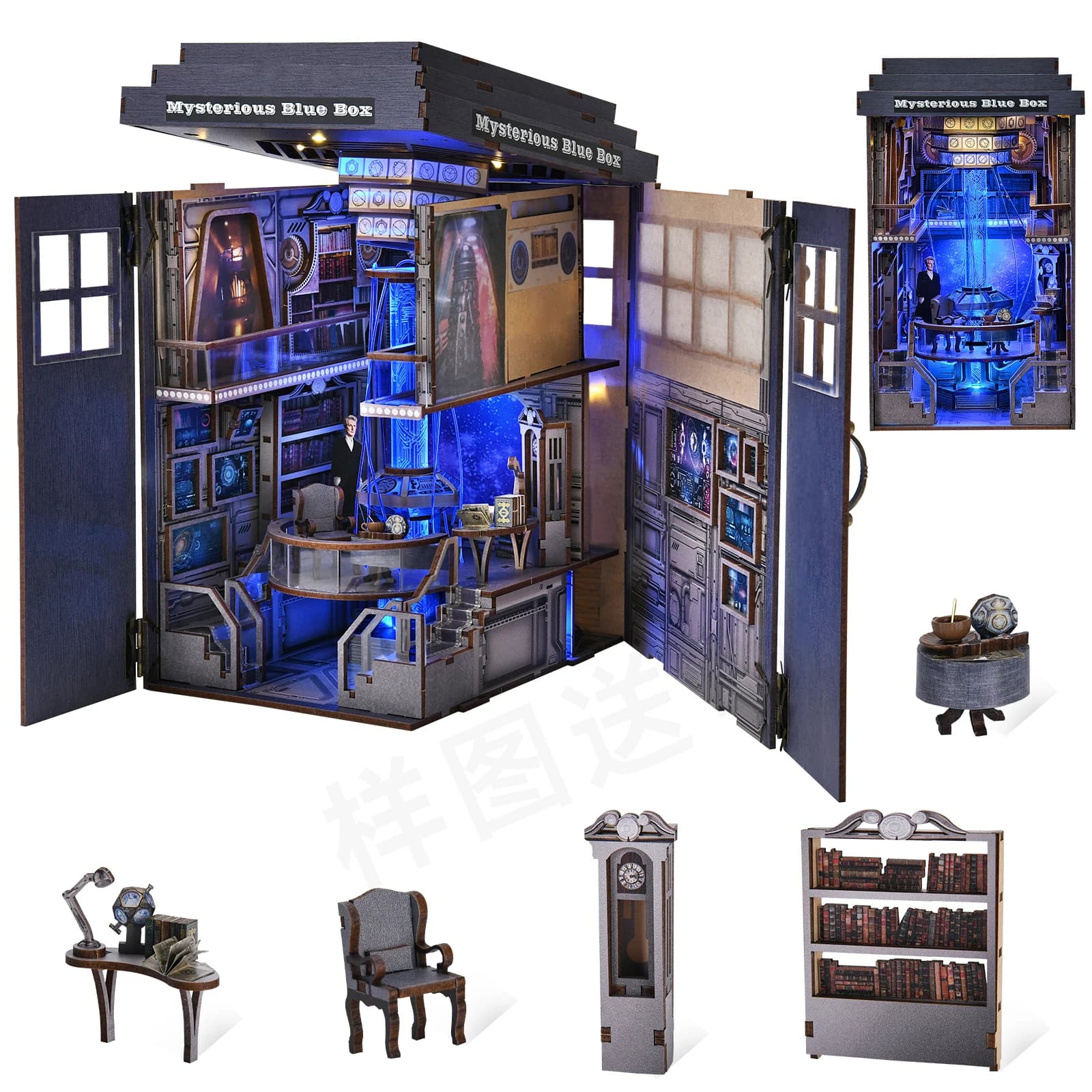 DIY Book Nook Bookshop Kit Mysterious Telephone Booth Wooden Dollhouse with Light Bookshelf Insert 3D Puzzle Decor - image 1