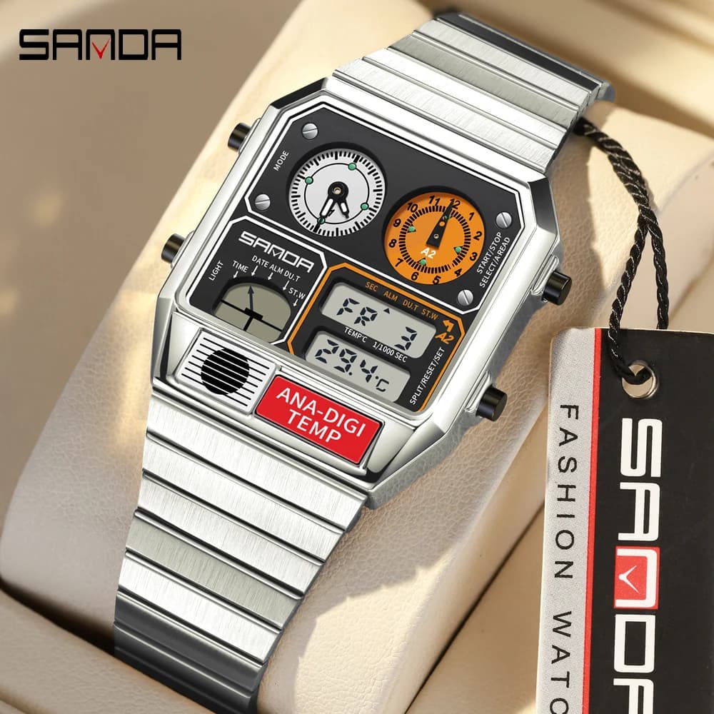 SANDA Men's Electronic Digital Wristwatch with Square Steel Band, Temperature Measurement, Stopwatch, and Multifunctional Features - image 1