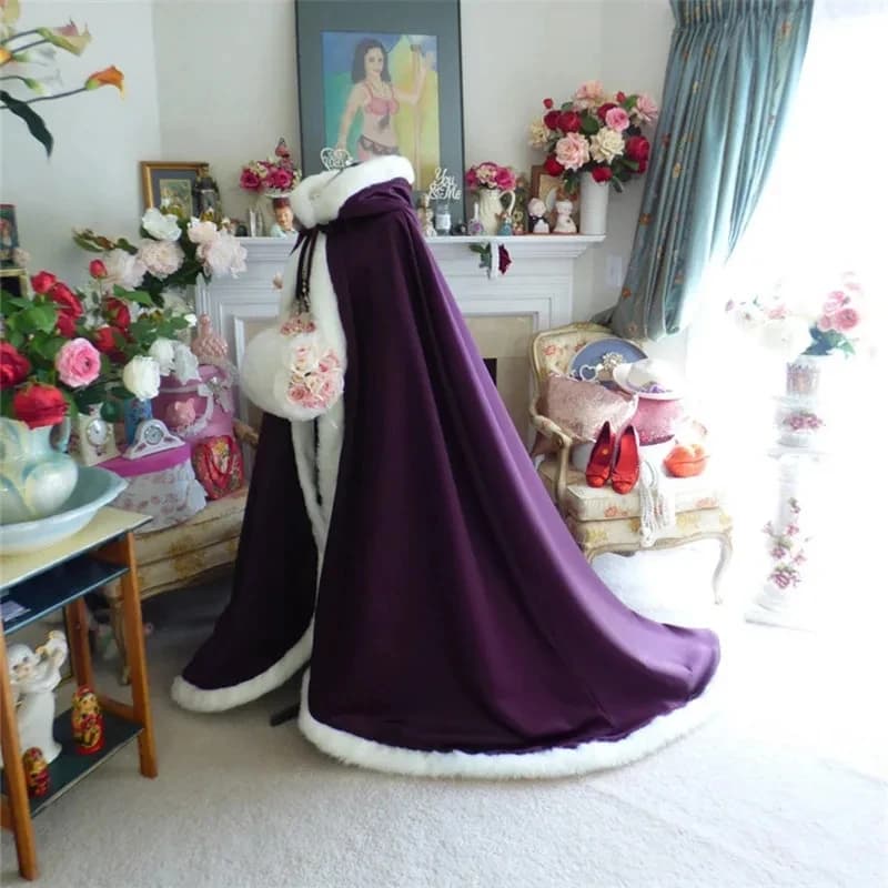 Purple Winter Cape Faux Fur Edge Hooded Shawl Bridal Wedding Accessories - image 1
