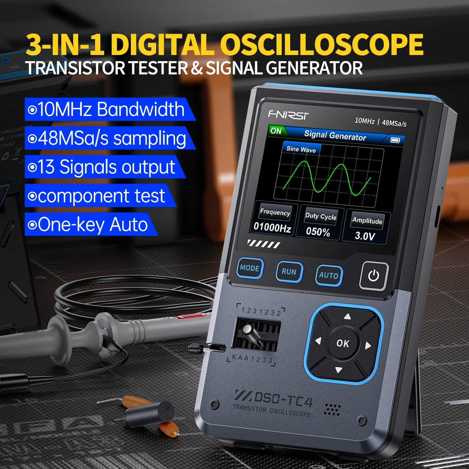 FNIRSI DSO-TC4 Digital Oscilloscope 10MHz 48Ms/s Transistor Zener Diode Tester Electronics Component Meter 13 Signals Output - image 1