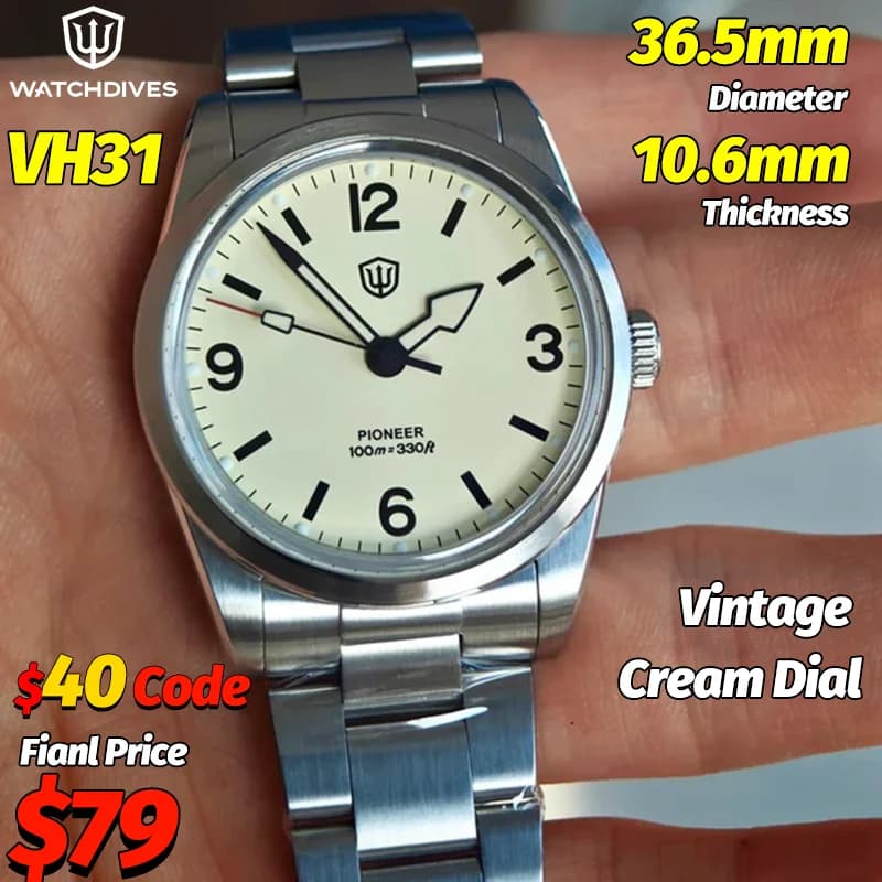 Watchdives WD1960S V2 36mm Vintage Cream Men's Quartz Watch with VH31 Movement, Sweep Seconds, Bubble K1 Sapphire, Luminous, Stainless Steel - image 1