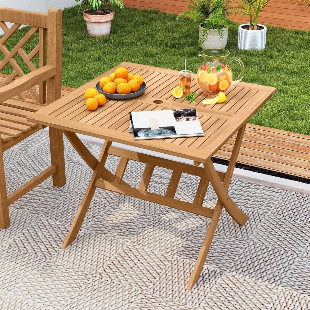 36-inch Patio Dining Table Folding Acacia Wood with Umbrella Hole and X-Shaped Frame, Outdoor Square Dinner Table - image 1