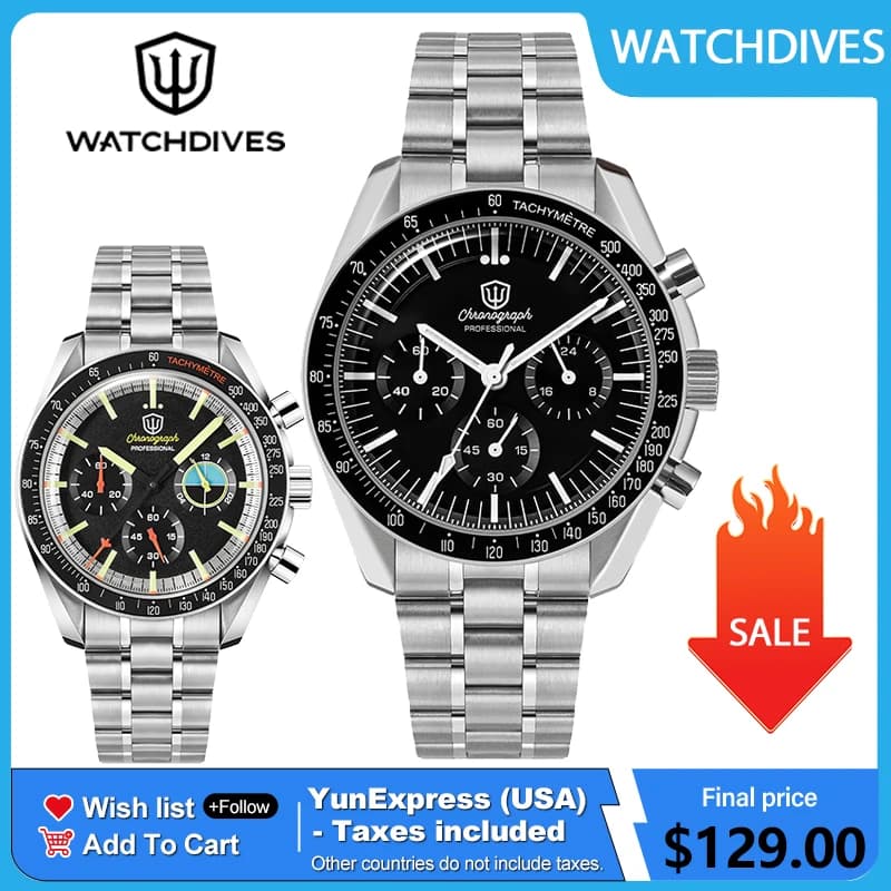 Watchdives WD1863 39mm Quartz Chronograph Watch with VK63 Movement, Bubble Sapphire Crystal, Luminous Vintage Design, 10Bar Waterproof - image 1