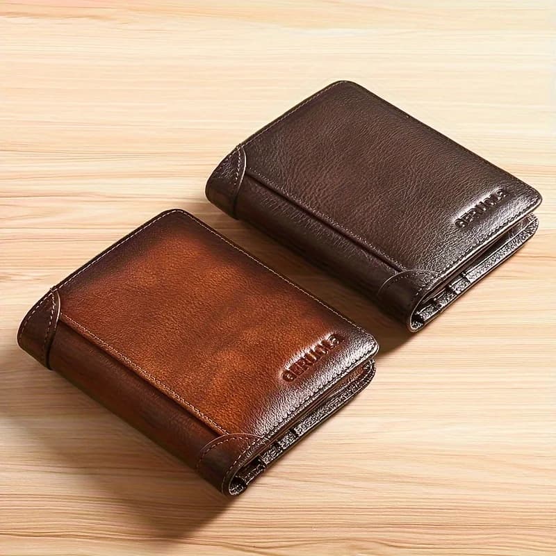 GERUOLA portefeuille mince en cuir véritable blindé RFID pour hommes-porte-carte d'identité et de crédit multifonctionnel marron foncé avec embellissements - image 1