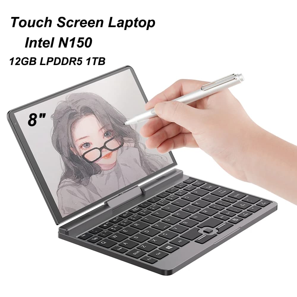 Touch Screen Laptop 8 Inch Mini Notebook Intel N150 Quad Core 12GB LPDDR5 1TB 4800MHz Windows 11 Pro AX WiFi 6 BT 5.2 RJ45 LAN - image 1