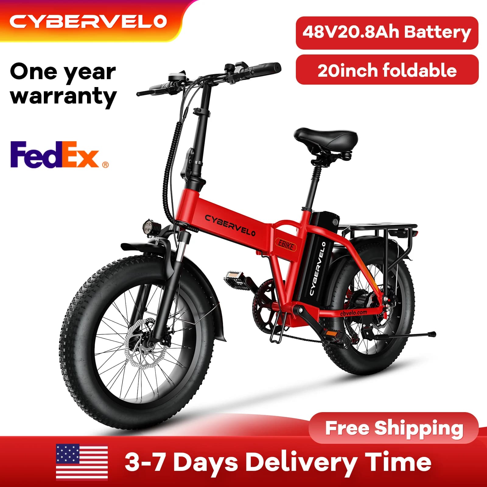 Cybervelo EK4 EK5 1000W Peak Electric Foldable Bike for Adults, 28+ MPH, 80 Miles Range, Removable Battery, Fat Tire, Off-road E-bike - image 1