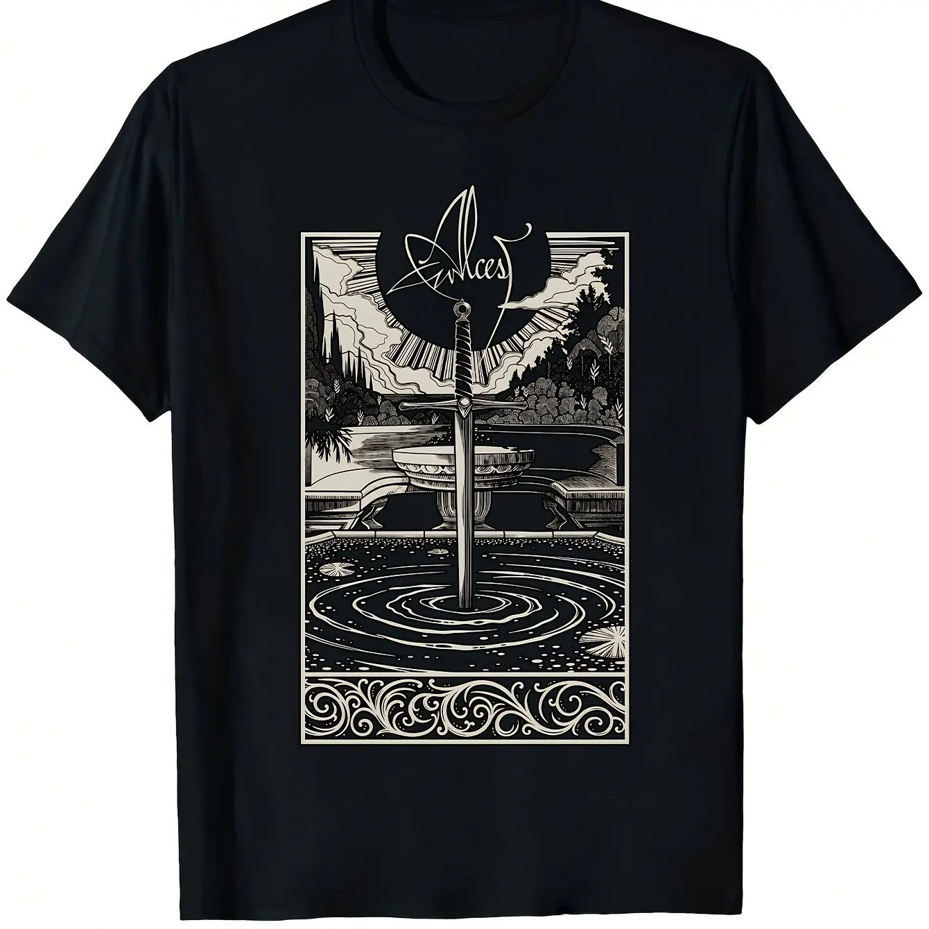 ALCEST Men's Spiritual Black Cotton Short Sleeve T-Shirt with Mystical Greek Key Celtic Knot Art Print, Regular Fit, All-Season - image 1
