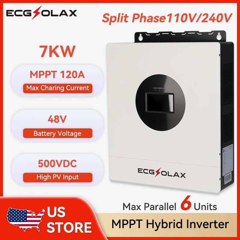 ECGSOLAX 7KW Hybrid Solar Inverter 48V 110V 240V Split Phase Pure Sine Wave Inverter With MPPT 120A Solar Charger Max PV 500VDC - image 1