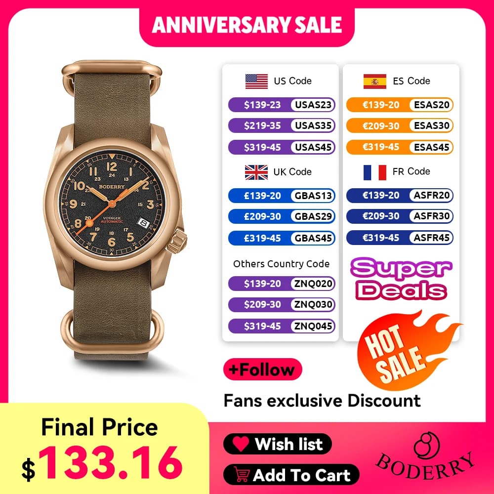 Boderry Voyager Automatic Mechanical Field Watch Bronze Case 100M Waterproof Men's Military Wristwatch - image 1