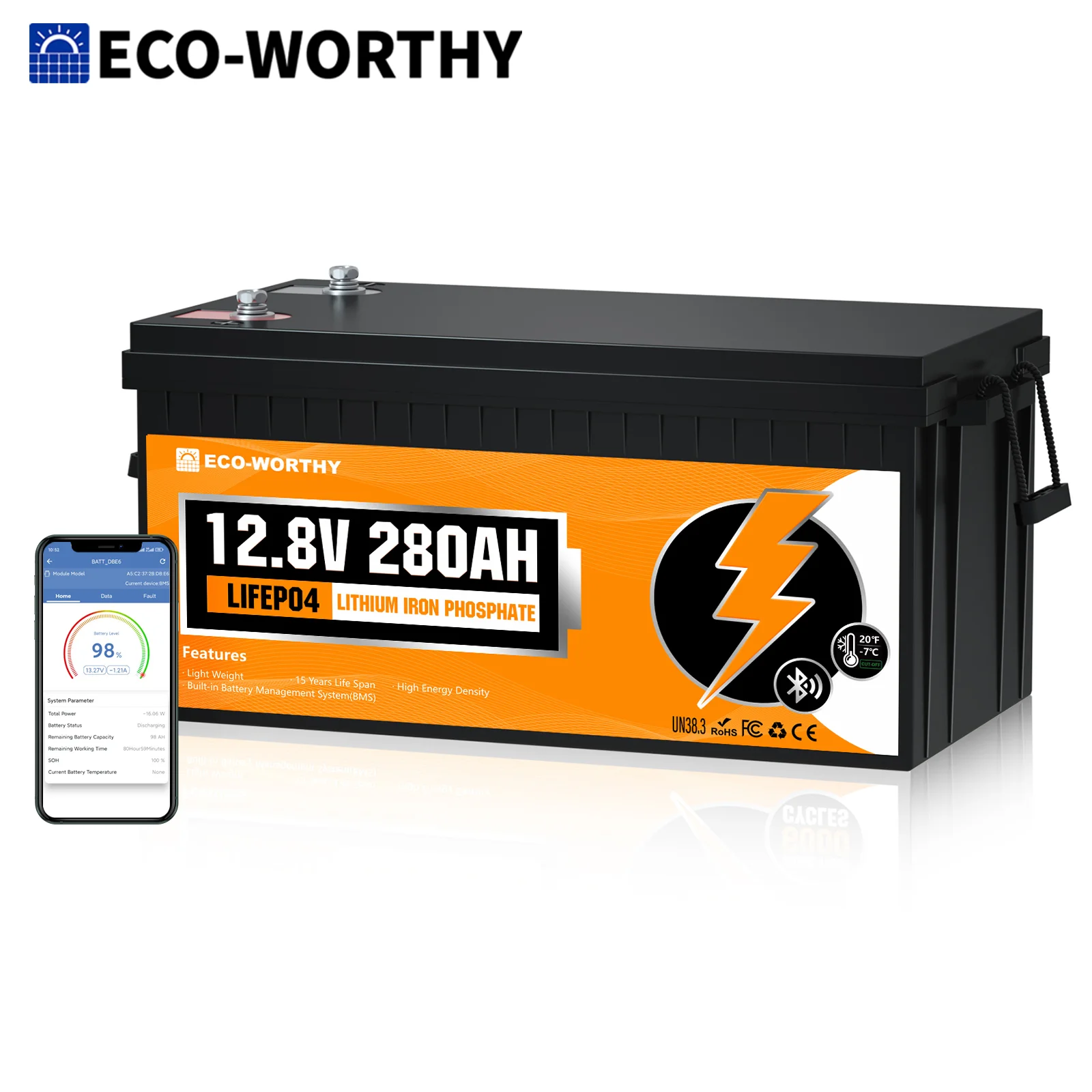 ECO-WORTHY 3584Wh 12V 280Ah LiFePO4 RV Battery with Bluetooth & Low Temp Cutoff, Built-in 200A BMS, Deep Cycle for Camper and Trailer - image 1