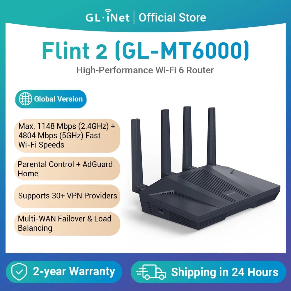GL.iNet Flint 2 (GL-MT6000) Home and Office Router with 8-Stream Wi-Fi 6 Technology, OpenWrt, 2.5G Ethernet Ports, Parental Control - image 1