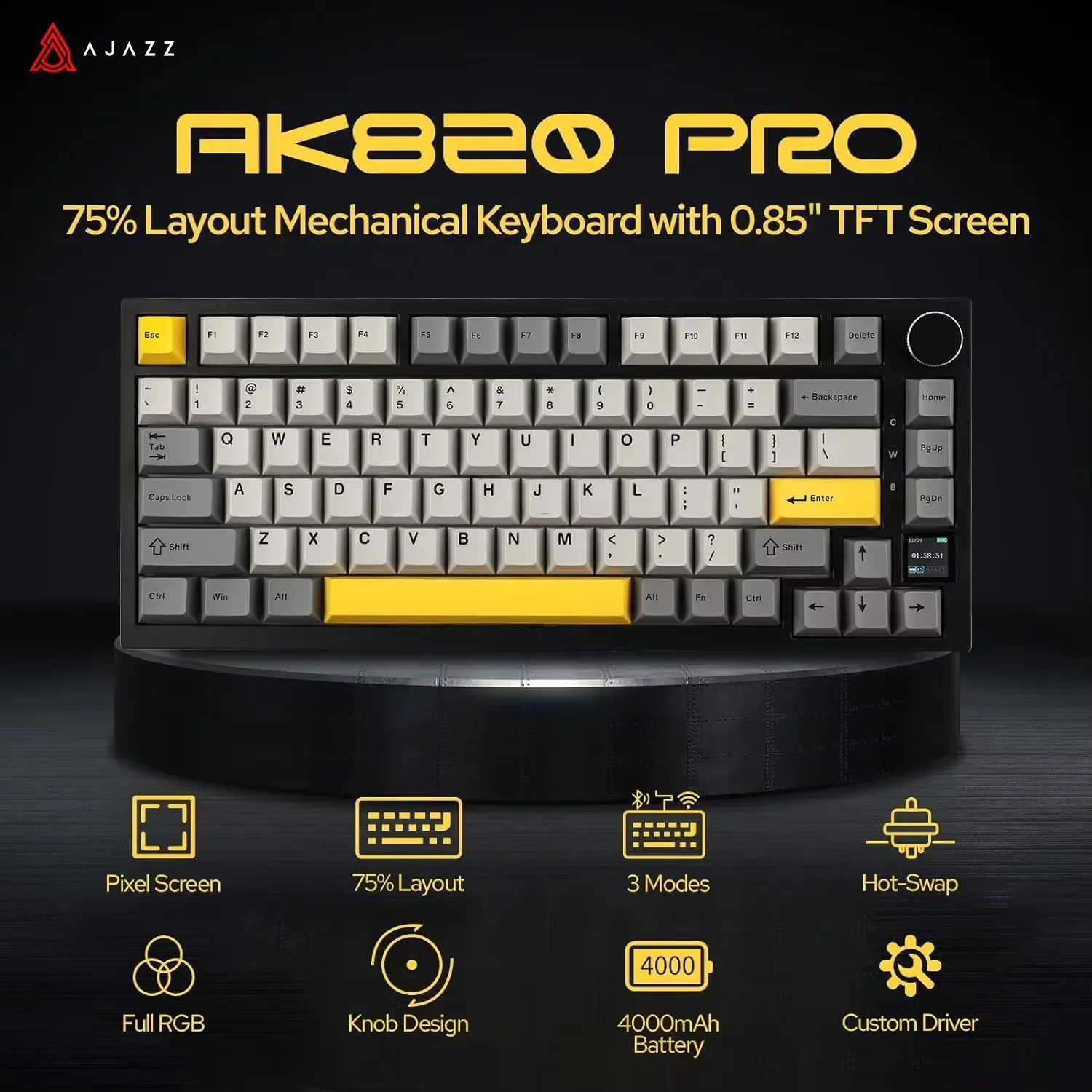Ajazz AK820Pro Gaming Mechanical Keyboard Bluetooth 5.1 Wireless Wired Customized Keyboard with Knob Hot Swapping Gasket - image 1