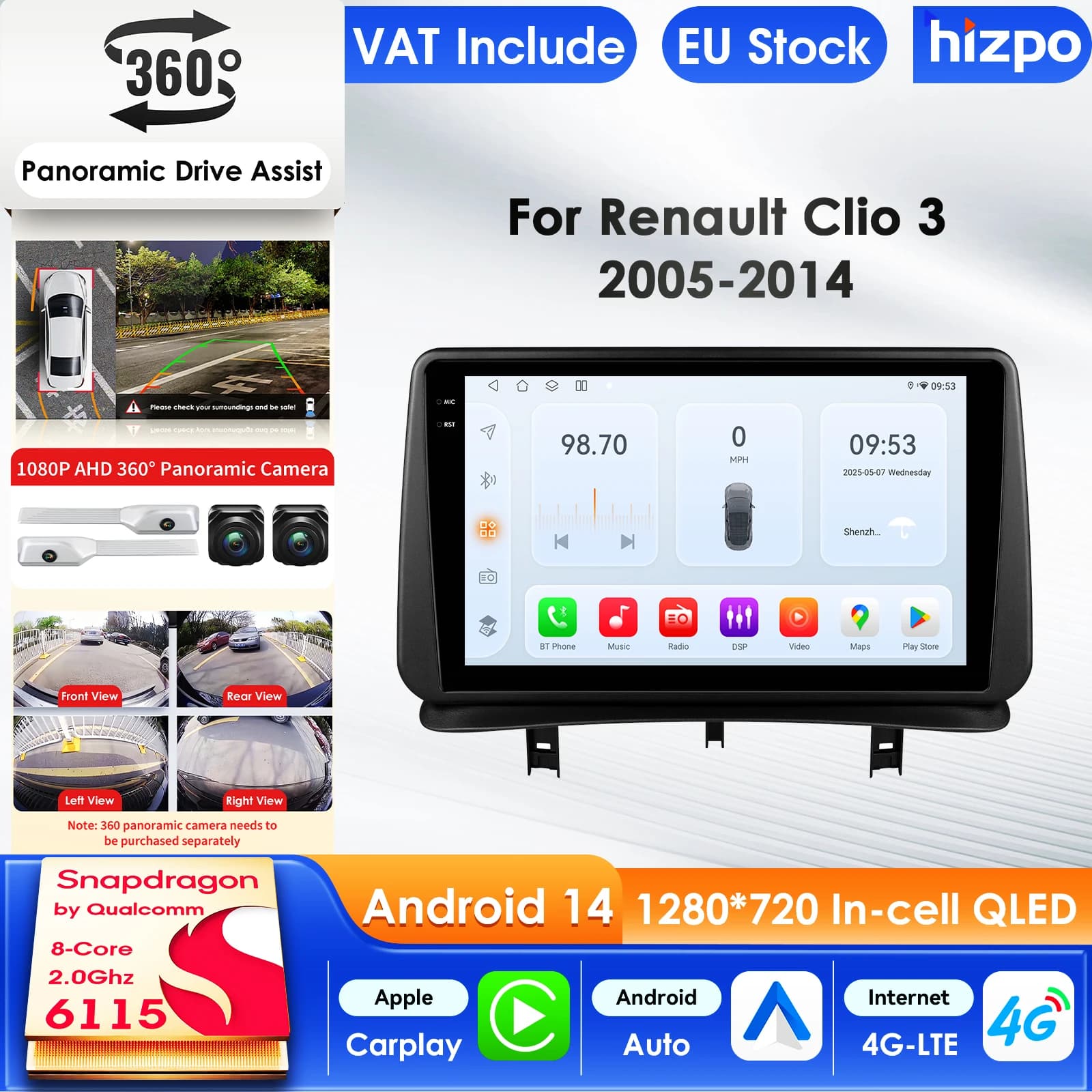 Hizpo 9 inch Carplay 4G AI Systems Android 15 Car Radio For Renault CLIO 3 2005-2014 Multimedia Video Player GPS 2din Autoradio 9 Inch Car Intelligent Screen QLED Display Automotive Head Unit Navigation 5G WIFI DSP Split ADAS USB DVR SWC FM AM RDS Camera - image 1