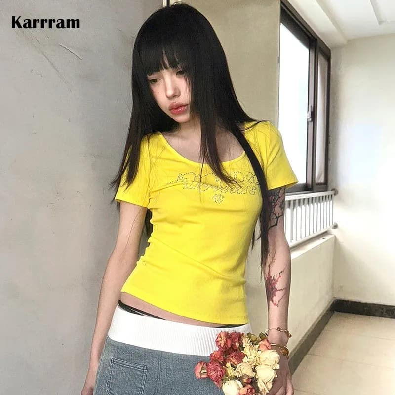 Karrram Japanese Y2k Rhinestones T-shirt Vintage Harajuku Diamond Letter Print T Shirts Trashy 2000s Aesthetics Yellow Crop Top - AliExpress 200000345 - image 1