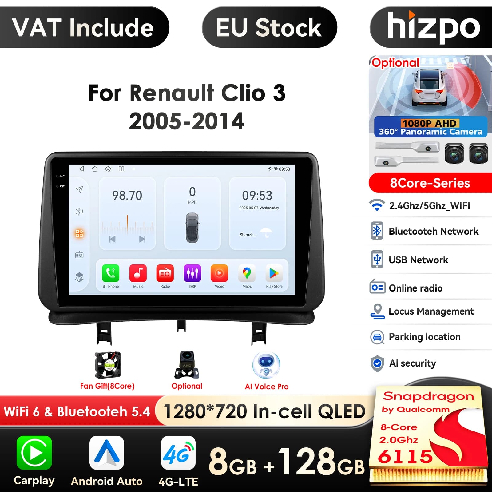 Hizpo 9'' 7862 Intelligent Screen Carplay 4G 2Din Android 14 Car Radio for Renault CLIO 3 2005-2014 Multimedia Video Player WIFI - image 1