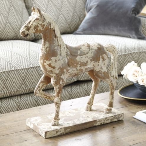 Hand Carved Horse Statue with Distressed White Finish & Natural Wood Details - image 1