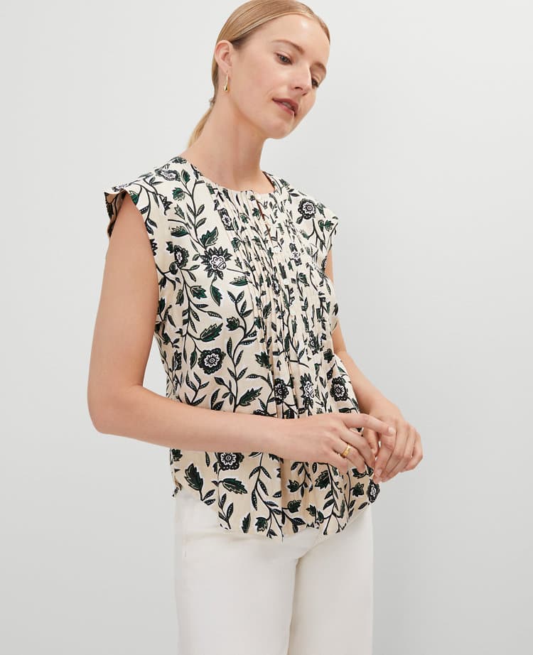Linen Blend Floral Pintucked Top - image 1