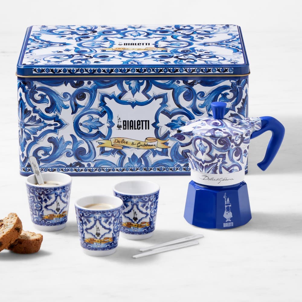 Bialetti Moka Dolce & Gabbana 3-Cup Coffee Maker Gift Set with 3 Espresso Cups & Stirrers, Blu Mediterraneo - image 1