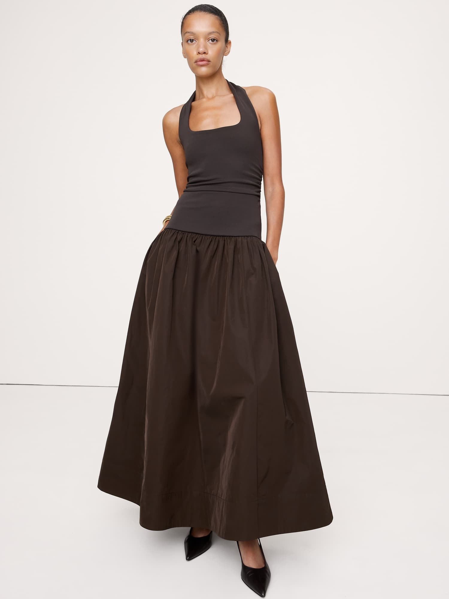 Jersey & Taffeta Halter Maxi Dress - image 1