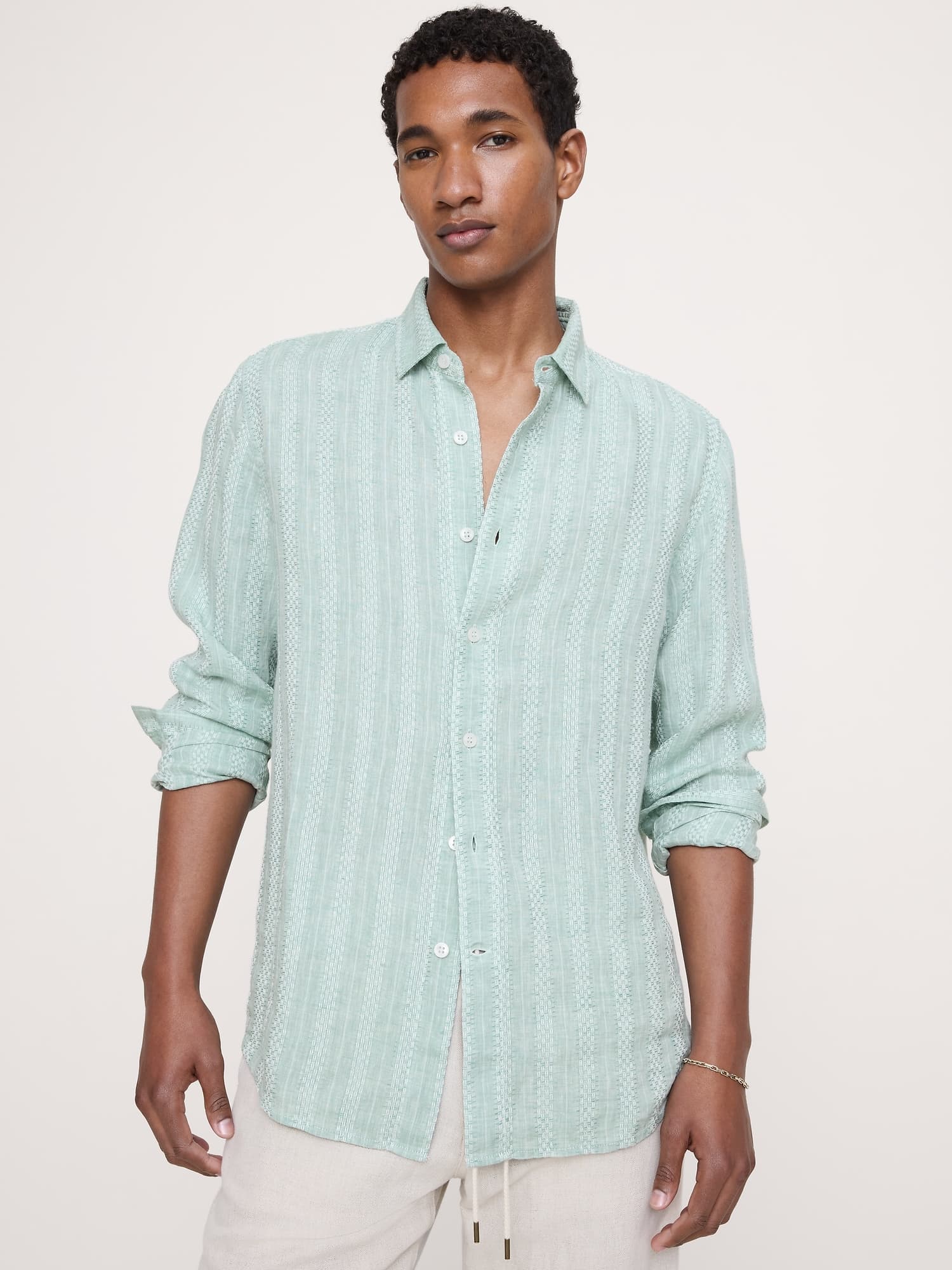 Standard-Fit Textured Linen-Cotton Shirt - image 1
