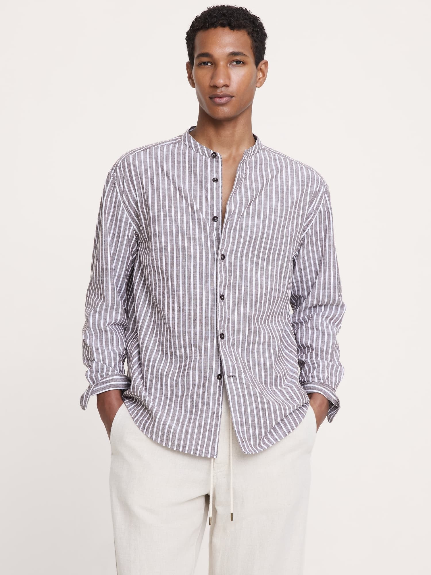 Relaxed-Fit Cotton-Slub Banded-Collar Shirt - image 1