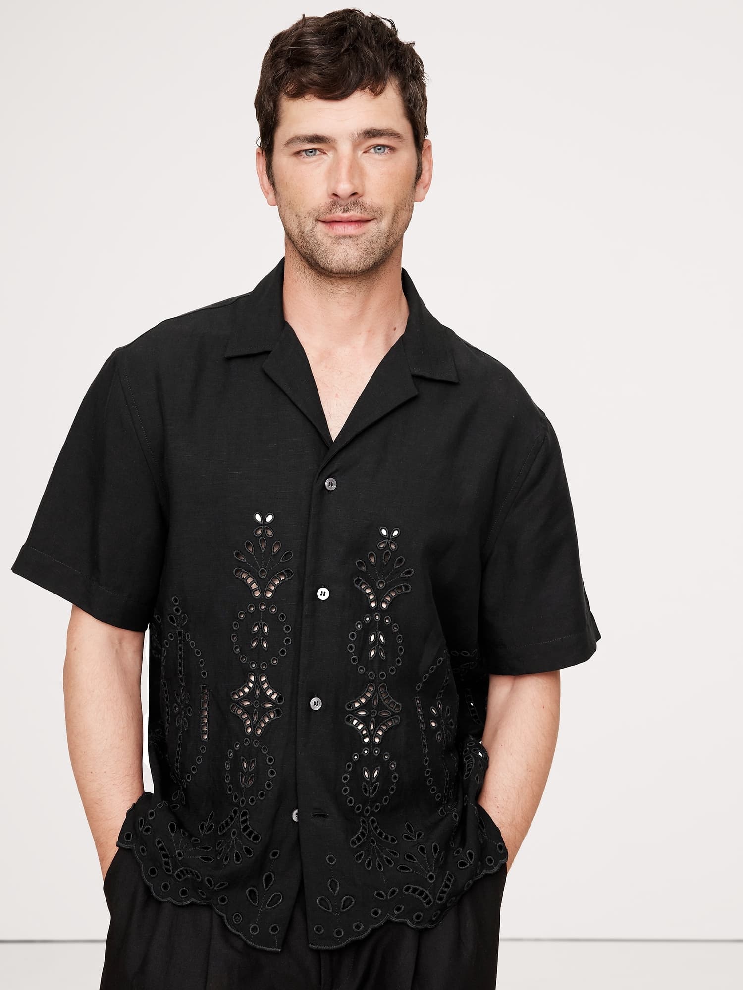 Standard-Fit Embroidered Tencel™-Linen Resort Shirt - image 1