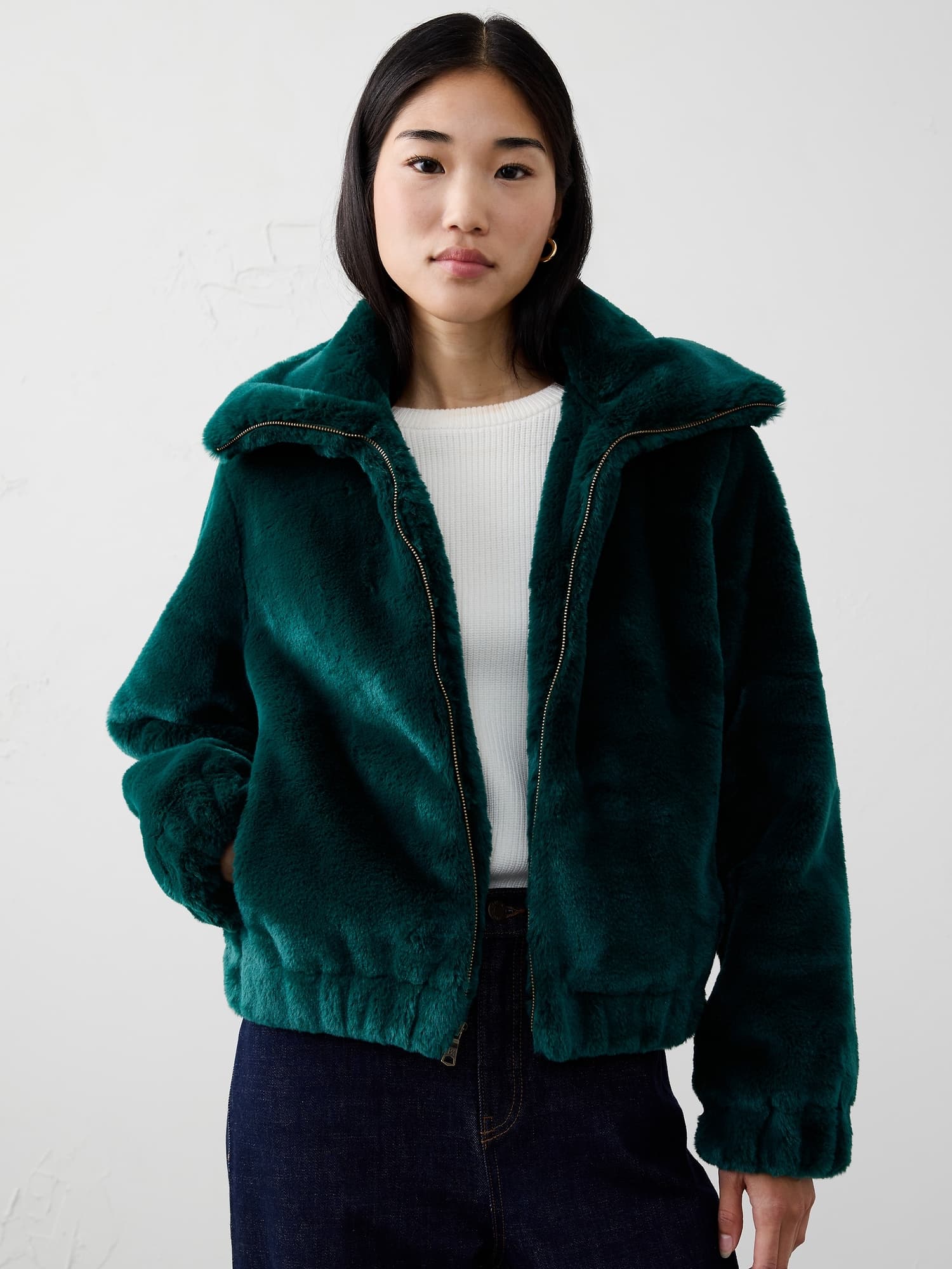 Banana Republic Factory Faux Fur Short Jacket Sapphire Green - image 1