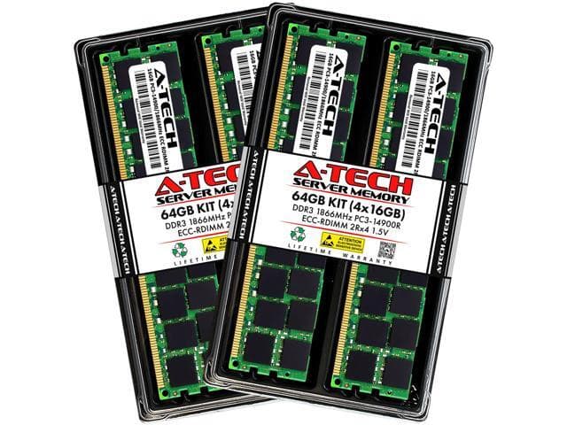 A-Tech 64GB (4x16GB) 2Rx4 PC3-14900R DDR3 1866 MHz ECC RDIMM 1.5V Registered DIMM 240-Pin Dual Rank x4 Server & Workstation RAM Memory Upgrade Kit - image 1