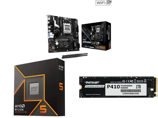 ASRock B850M-X WiFi R2.0 AM5 AMD B850 Micro ATX Motherboard, AMD Ryzen 5 9600X 6-Core 3.9GHz, Radeon Graphics, Patriot P410 1TB SSD Gen 4 PCIe 4.0 x4, 5,000MB/s - image 1