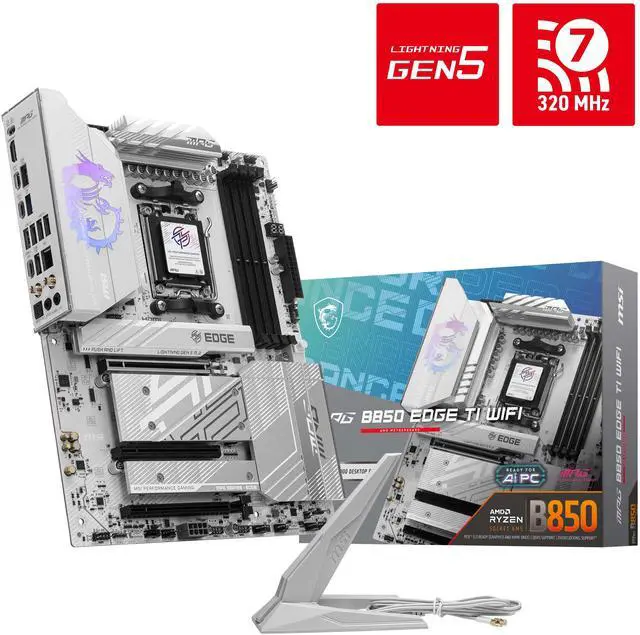 MSI MPG B850 EDGE TI WIFI White Motherboard, ATX - Supports AMD Ryzen 9000 / 8000 / 7000 Processors, AM5 - 80A SPS VRM, DDR5 Memory Boost (8400+MT/s OC), PCIe 5.0 x16, M.2 Gen5, Wi-Fi 7, 5G LAN - image 1