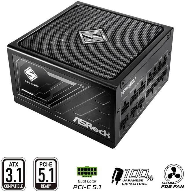 ASRock Steel Legend SL-1000G 1000W 80 PLUS GOLD & Cybenetics PLATINUM Full Modular Power Supply, ATX3.1 & PCIe5.1 Ready with Dual Color 12V-2x6 Cable, 10 Years Warranty - image 1