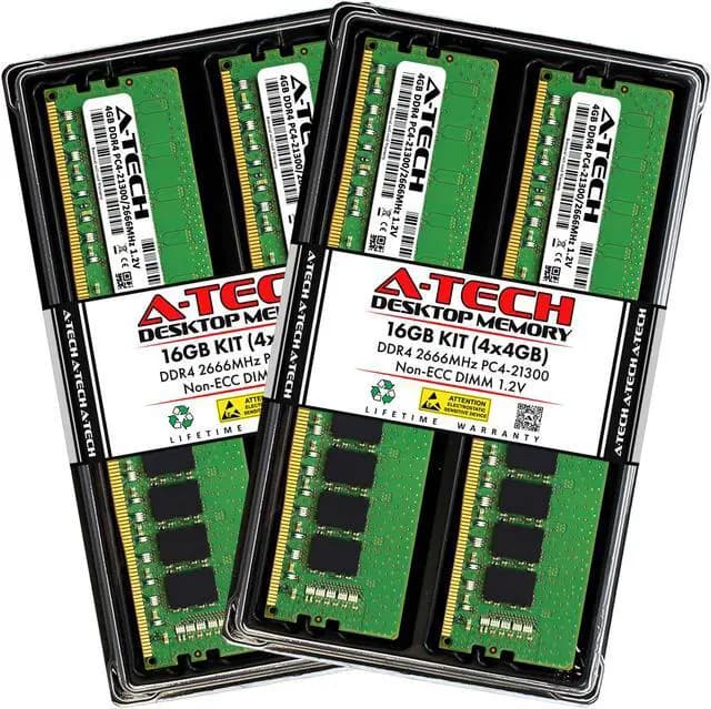 A-Tech 16GB (4x4GB) DDR4 2666MHz DIMM PC4-21300 UDIMM Non-ECC 1.2V 288-Pin Desktop RAM Upgrade Kit - image 1