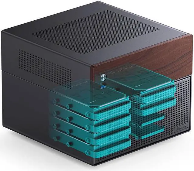 JONSBO N4 Black NAS Mini Chassis Micro ATX/ITX Case with Walnut Wood Panel and 8-Drive Bay - image 1
