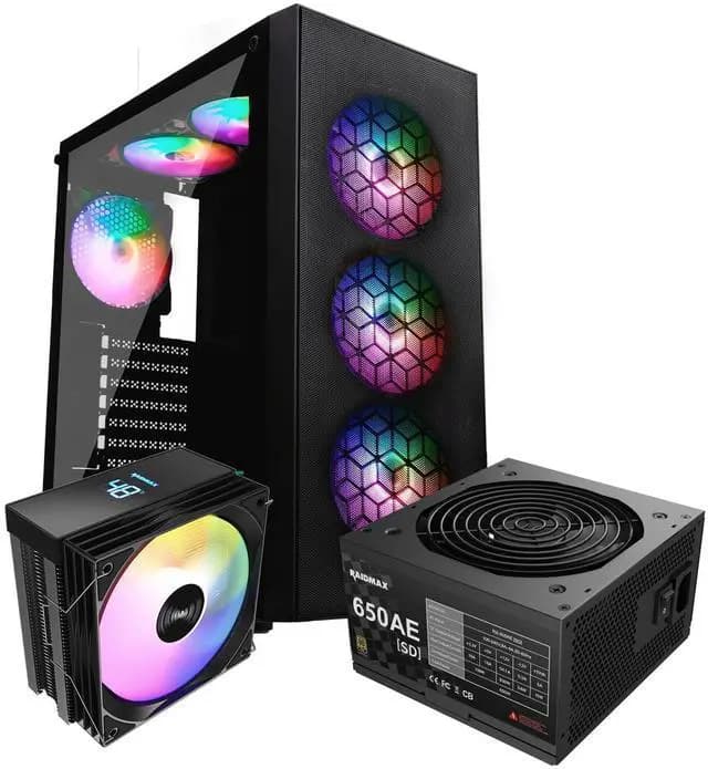 RAIDMAX X921 Mesh Airflow ATX Mid Tower Gaming PC Case Bundle with 6x 120mm RGB Fans, Tempered Glass, 650W 80+ Gold PSU & Digital Temperature Display ARGB Air Cooler - image 1