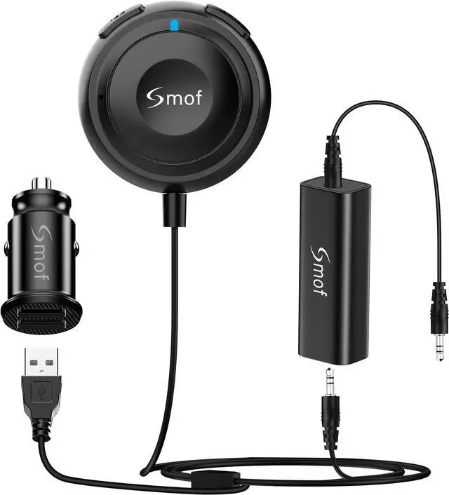 Smof Bluetooth Car Adapter with Dual Port USB Charger & Ground Loop Noise Isolator, Wireless 3.5mm Aux Audio Receiver, Hands-Free Calls, Dual Connection - image 1