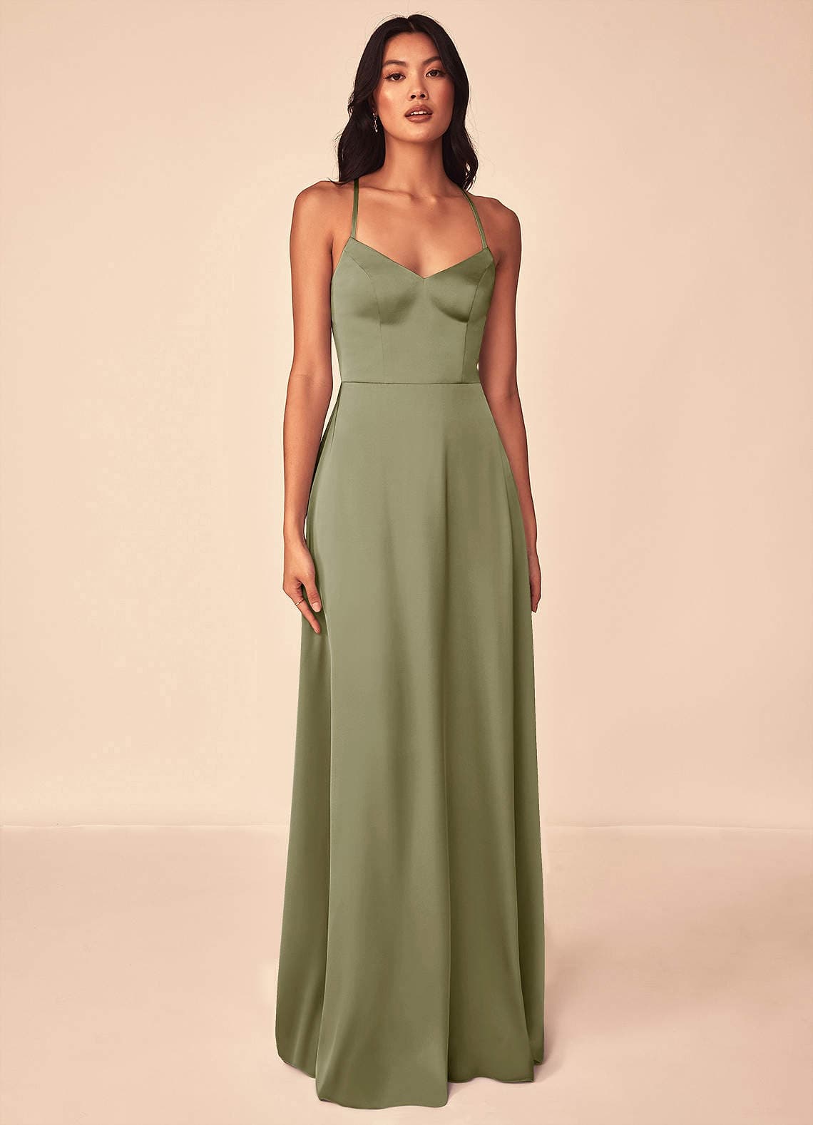 Azazie Mei Pistachio A-Line V-Neck Stretch Satin Floor-Length Bridesmaid Dress - image 1