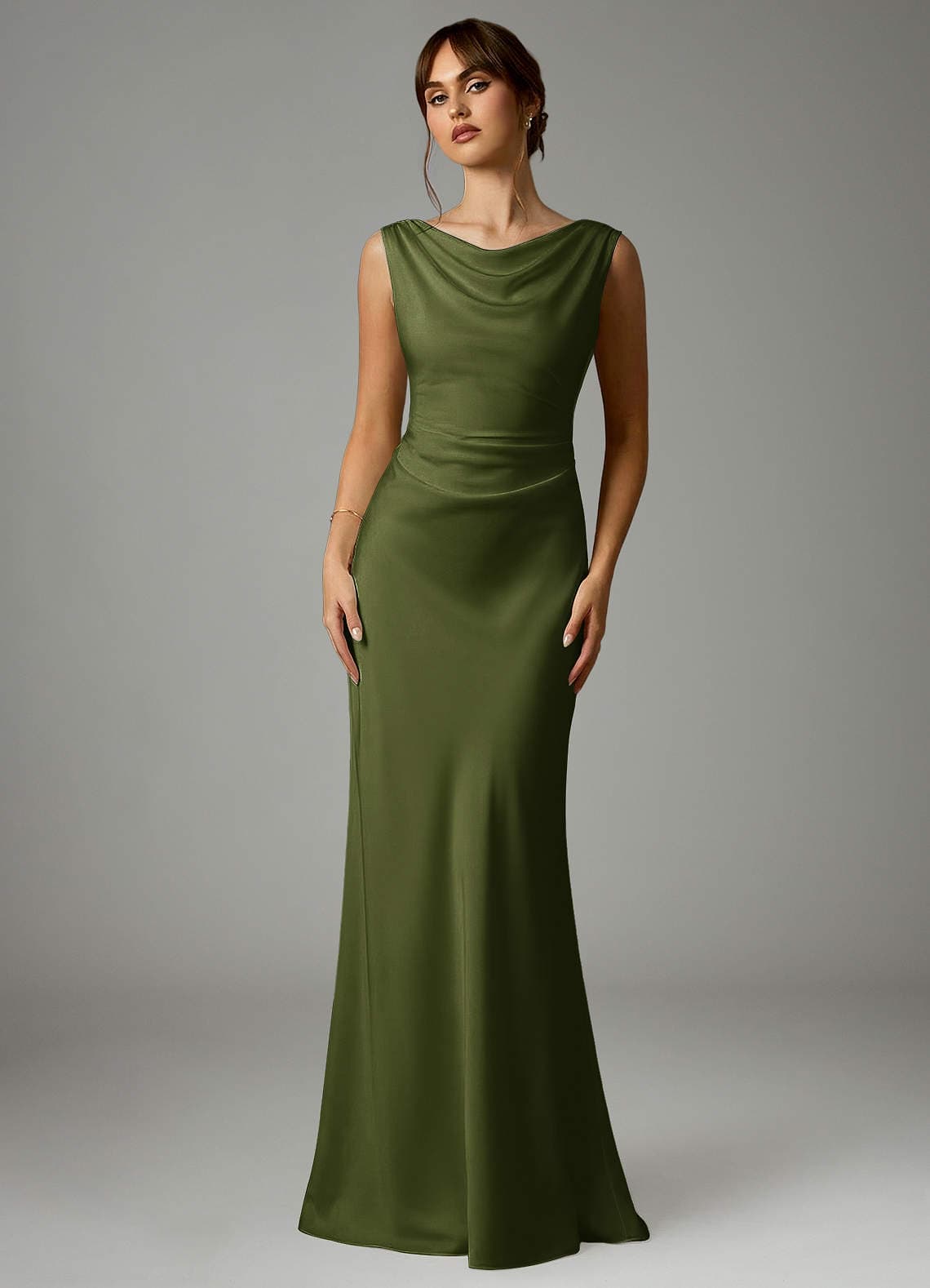 Azazie Kieryn Olive Mermaid Pleated Stretch Satin Dress - image 1