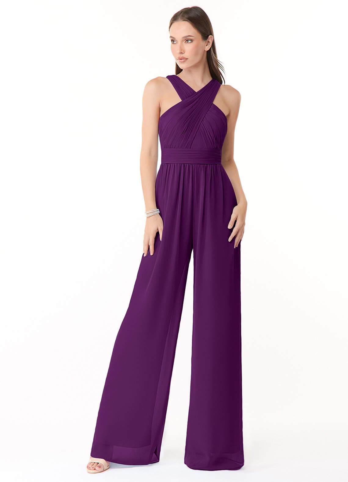 Azazie Berdie Grape Halter Pleated Chiffon Jumpsuit - image 1