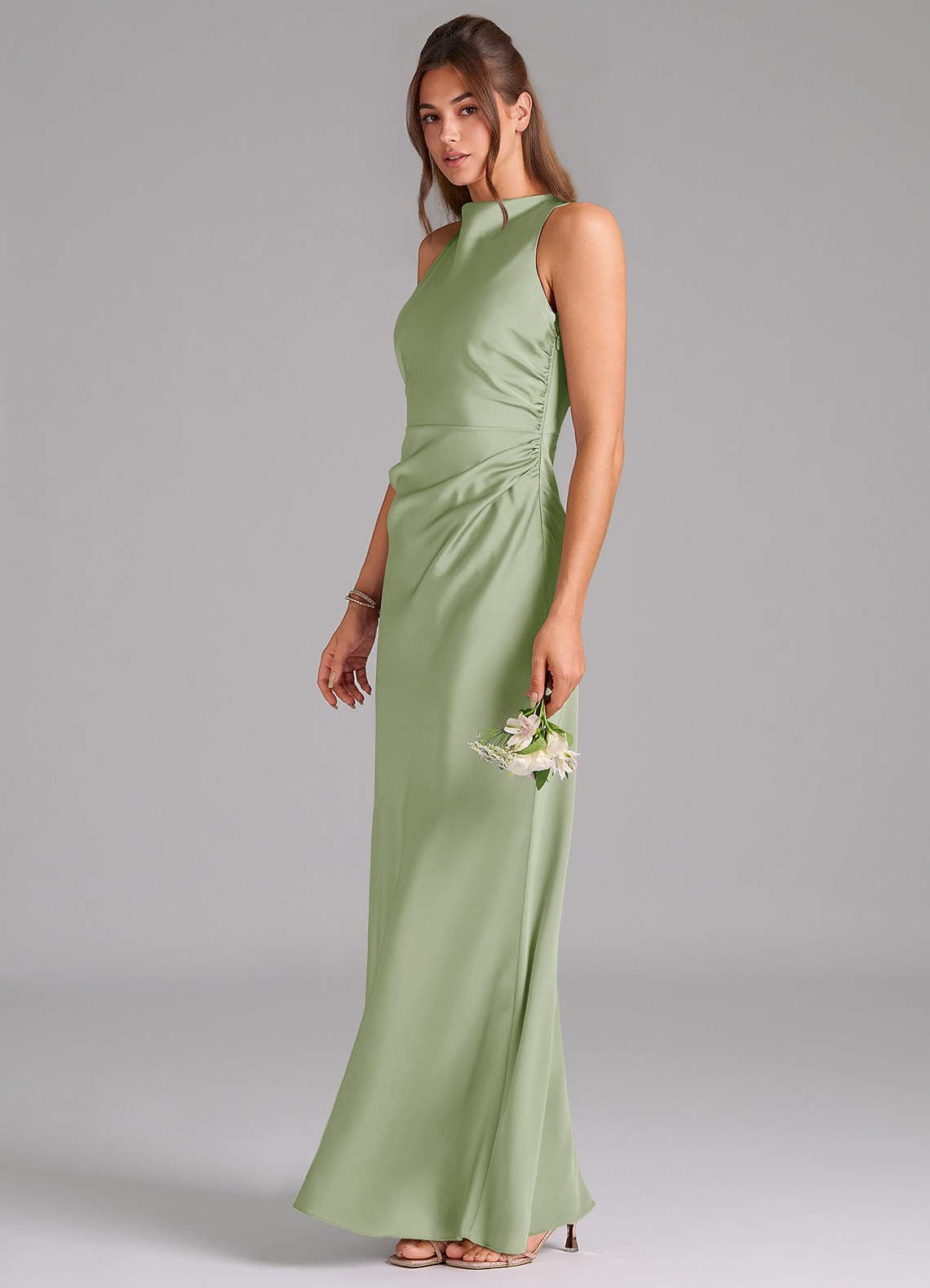 Dusty Sage Sheath Pleated Stretch Satin Dress - image 1