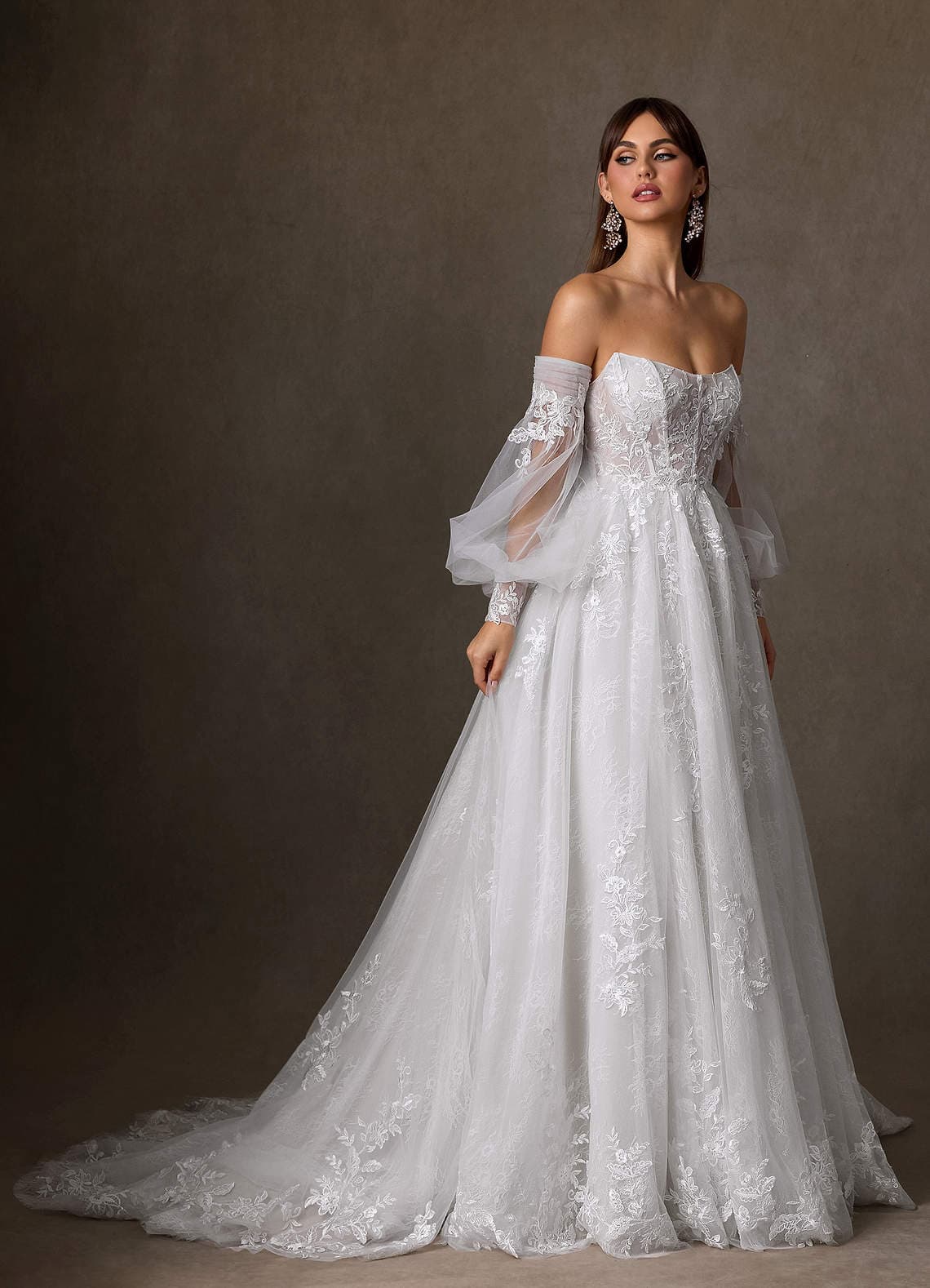 Azazie Elowyn Diamond White Ball-Gown Strapless Lace Court Train Wedding Dress - image 1