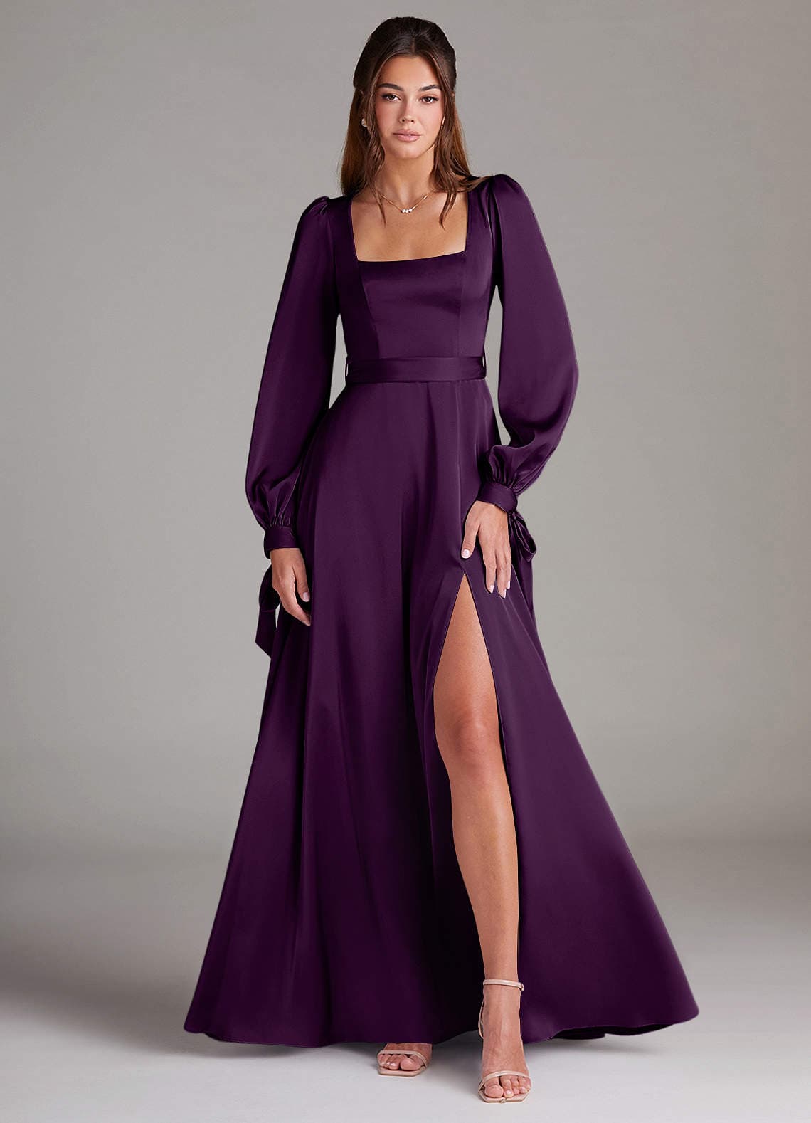 Azazie Leonia Plum A-Line Long Sleeve Stretch Satin Floor Length Bridesmaid Dress - image 1