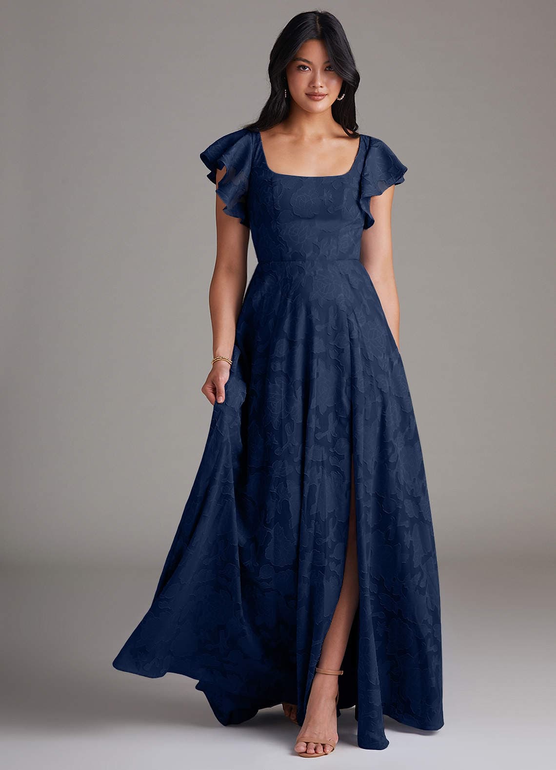 Azazie Bondi Dark Navy A-Line Side Slit Floral Burnout Floor Length Bridesmaid Dress - image 1