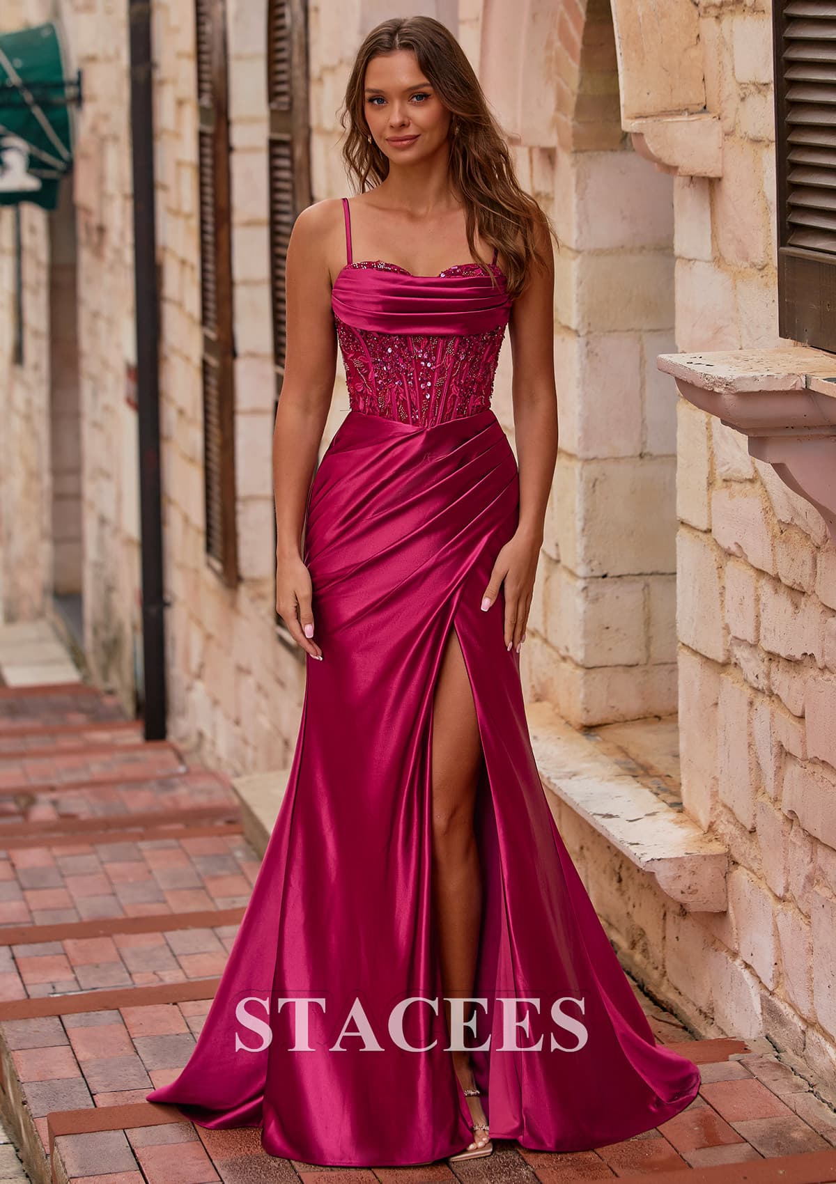 Sheath/Column Silk Like Satin Prom Dress Sweetheart Neckline Sweep Train with Appliqued Sequins - image 1