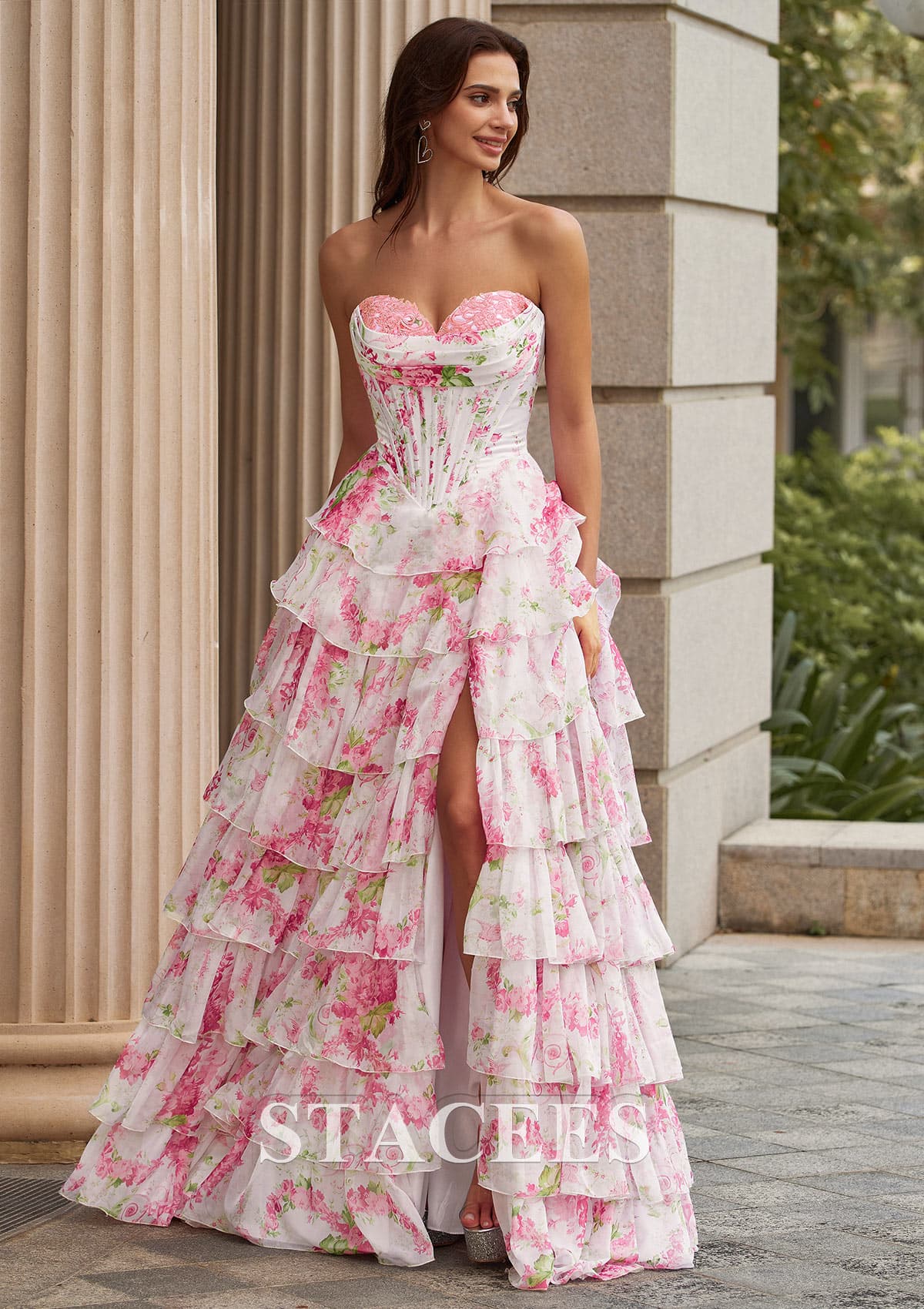 A-line Strapless Floral Print Tiered Ruffle Prom Dress with Corset Back and High Slit - image 1