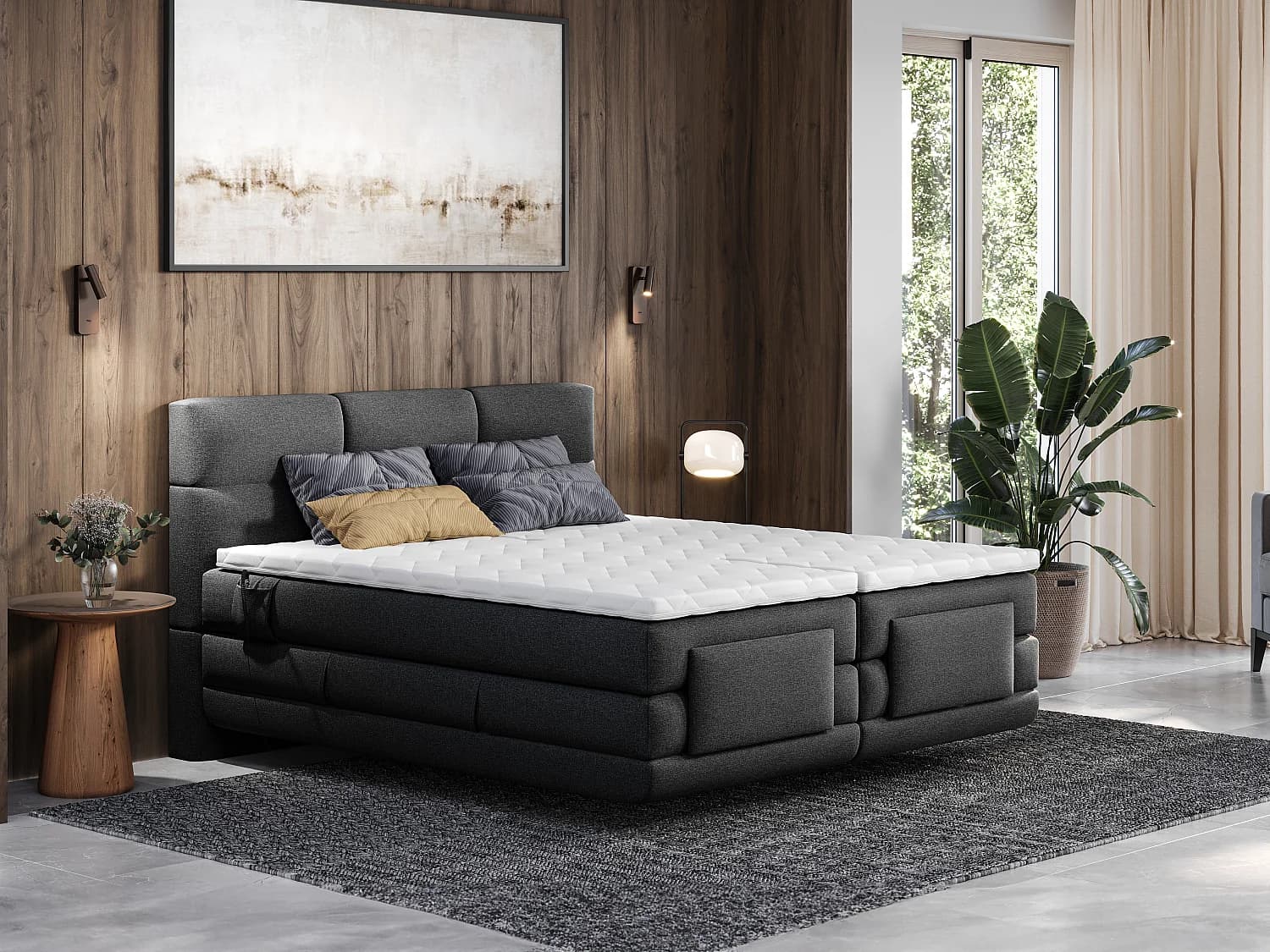 Ensemble complet boxspring tête de lit capitonnée + sommiers relaxation électrique + matelas + surmatelas - 2 x 90 x 200 cm - Tissu - Anthracite - LODI de PALACIO - image 1